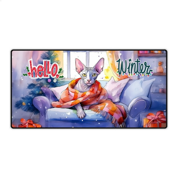 Watercolor Hello Winter Sphynx Chill Christmas Welcome Desk Mat Full Keyboard Mouse Pad Cat Lover Kitten Owner Gifts Idea Large Mousepad - 00016