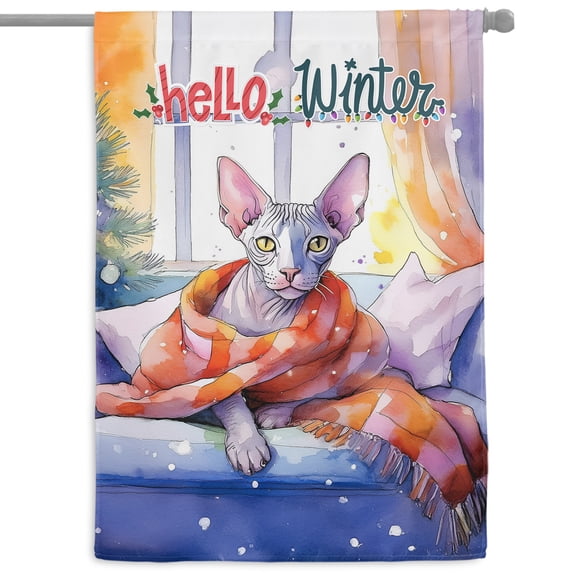 Watercolor Hello Winter Sphynx Chill Christmas Welcome House Flag 28x40in Double Sided Cat Lover Kitten Owner Gifts Idea Outdoor Decor - 00016