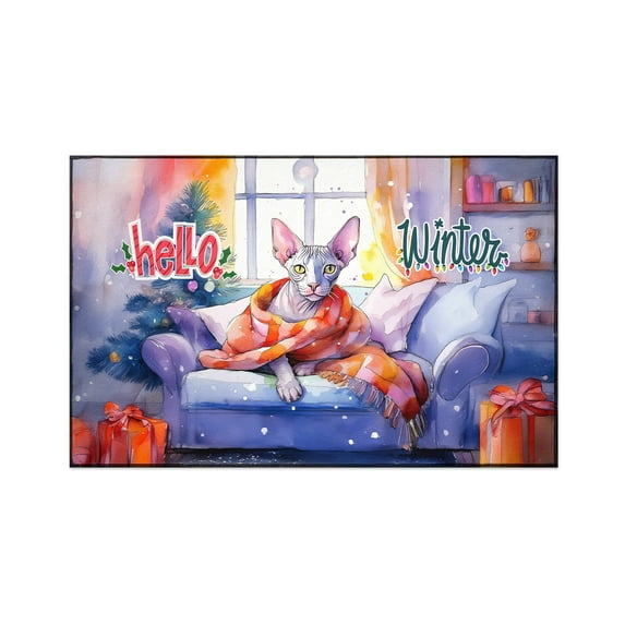 Watercolor Hello Winter Sphynx Chill Christmas Welcome Indoor Rug Cat Lover Kitten Owner Gifts Idea Carpet Living Bed Room Sofa Home Decor - 00016