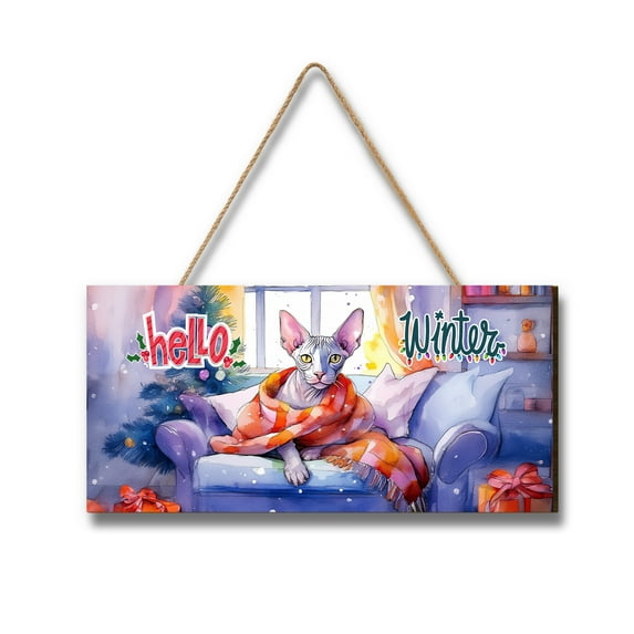 Watercolor Hello Winter Sphynx Chill Christmas Welcome Landscape Wood Sign Cat Lover Kitten Owner Gifts Idea Hanging Wall Home Decor - 00016