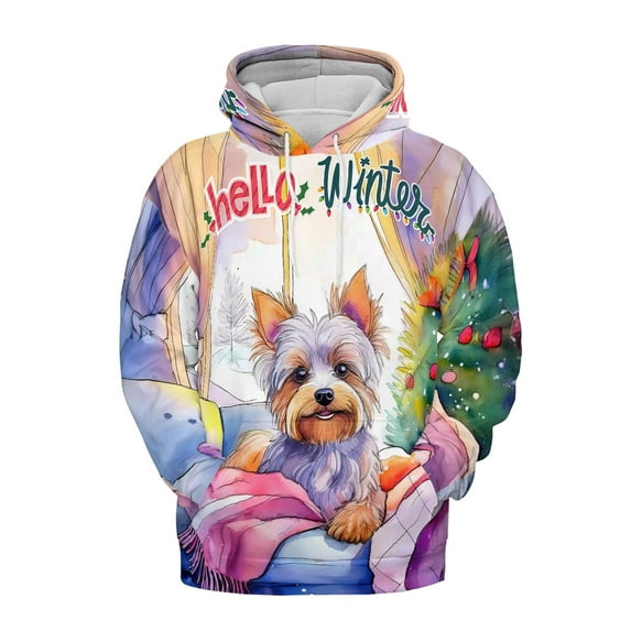 Watercolor Hello Winter Yorkshire Terrier Chill Christmas Welcome All Over Print 3D Hoodie Unisex Merch Hoodies Yorkie Dog Lover Gifts - 00016