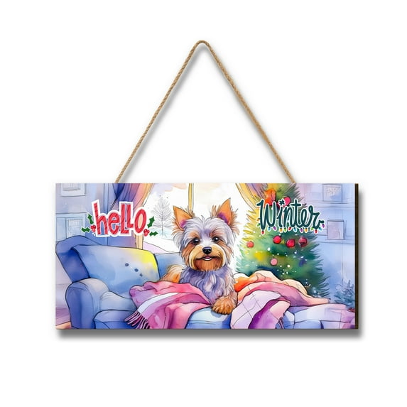 Watercolor Hello Winter Yorkshire Terrier Chill Christmas Welcome Landscape Wood Sign Yorkie Dog Lover Gifts Hanging Wall Home Decor - 00016