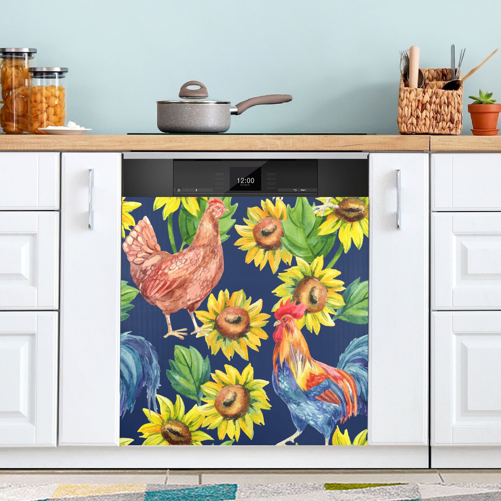 Watercolor Hen and Rooster with Sunflower Dishwasher Cover