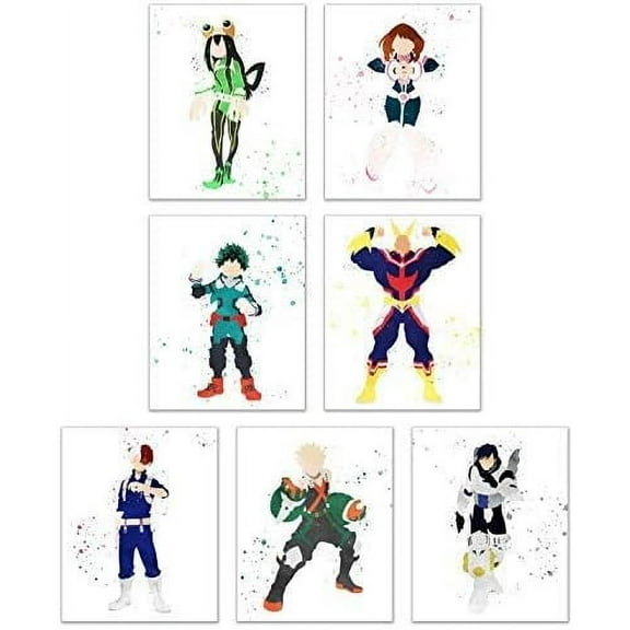 Watercolor My Hero Academia Poster Prints - Set of 7 (8x10) Anime Manga Wall Art Decor - All Might - Deku - Shoto Todoroki - Tenya Iida - Froppy - Uravity - Katsuki Bakugou