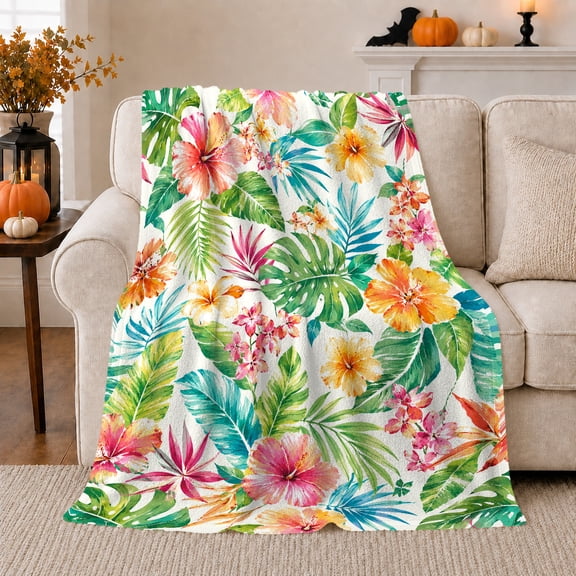 Watercolor Hibiscus with Tropical Leaves, Cheerful Botanical Style for Flower Lovers, Island Blossom Pattern and decorative theme Gift, Cozy Flannel Blanket for Sunroom and Bedroom, Home Decor