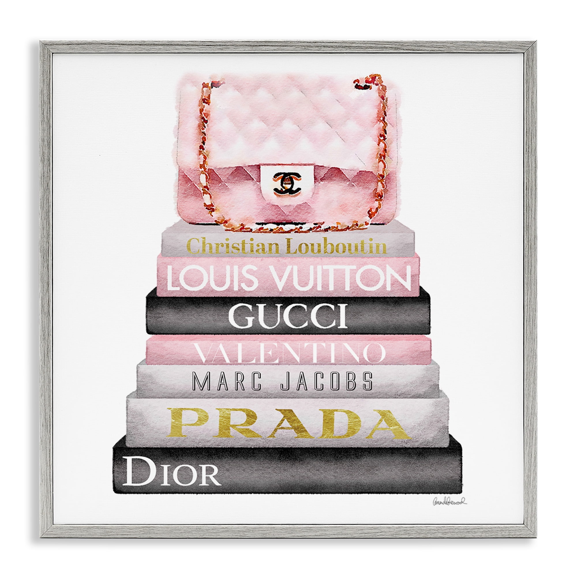 Watercolor High Fashion Bookstack Padded Pink Bag Beauty & Fashion Framed Art Print Wall Art, 17x17