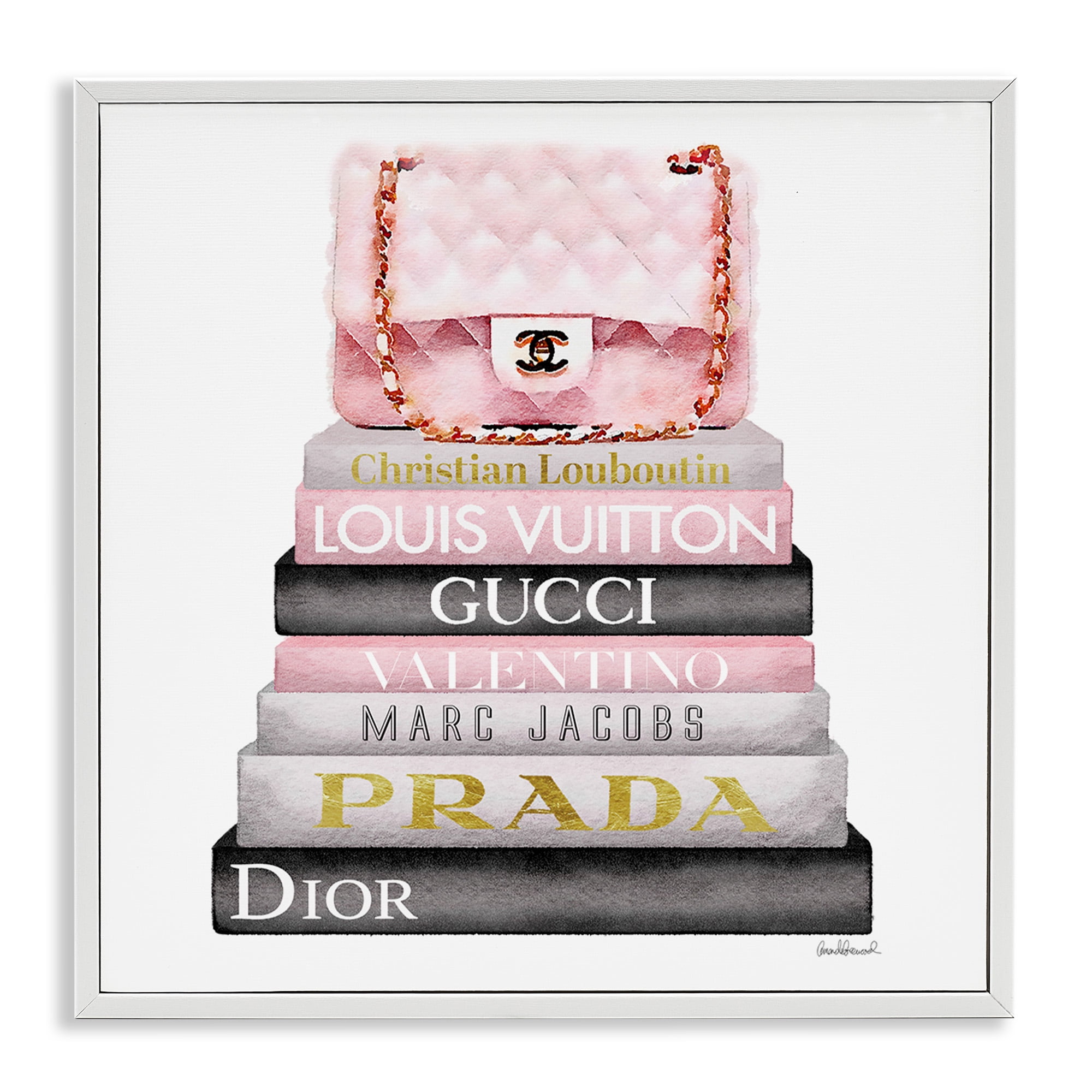 Watercolor High Fashion Bookstack Padded Pink Bag Beauty & Fashion Framed Art Print Wall Art, 17x17