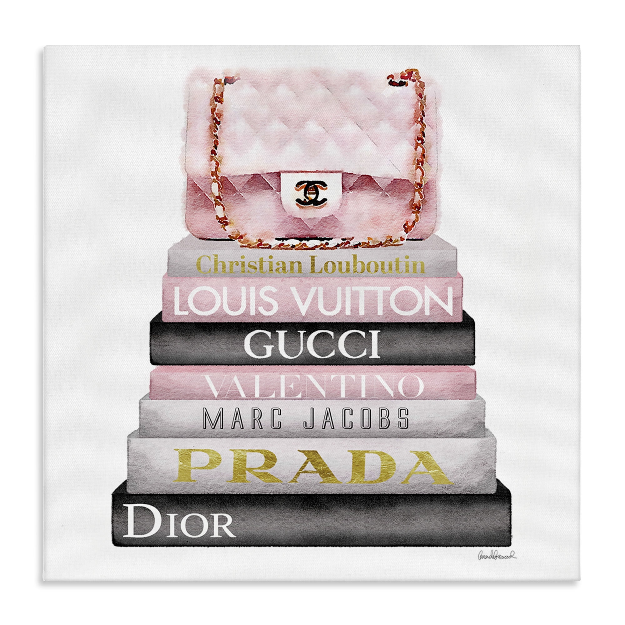 Watercolor High Fashion Bookstack Padded Pink Bag Beauty & Fashion Gallery-Wrapped Canvas Print Wall Art, 17x17