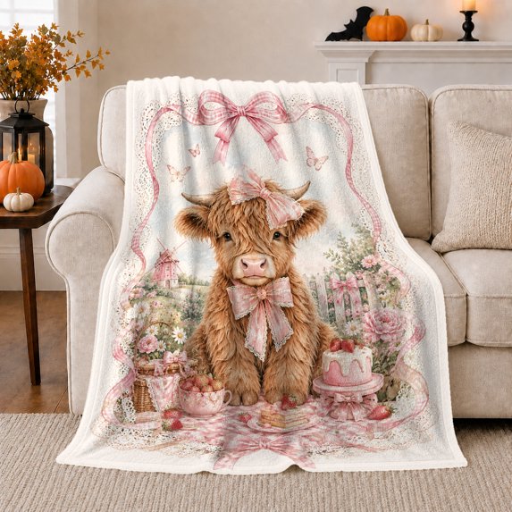Watercolor Highland Cow Calf Pink Bow Cake Picnic, Cozy Botanical Garden Scene, Warm Flannel Blanket for Ranch House and Living Room, Animal Lovers Birthday Gift, Artistic Home Decor