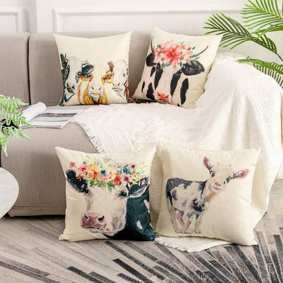 Watercolor Highland Cow Pillow Covers 18 x 18in Rustic Farmhouse Throw Pillow Case Seasonal Flowers Cow Cushion Cover for Home Cushion Sofa Bedroom Decor, Set of 4