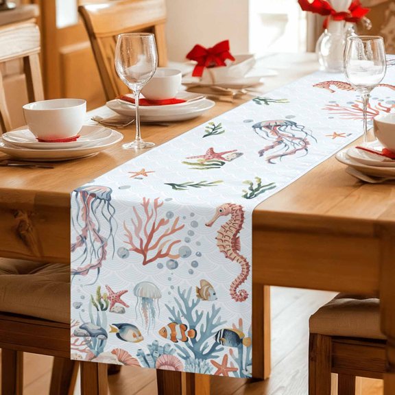 Watercolor Hippocampus Jellyfish Table Runner 36 Inches Long,Kitchen Dining Tablerunners Marine Life Shell Fish Linen Table Runners Dresser Scarves for Home Dinner Wedding Holiday Party Decor