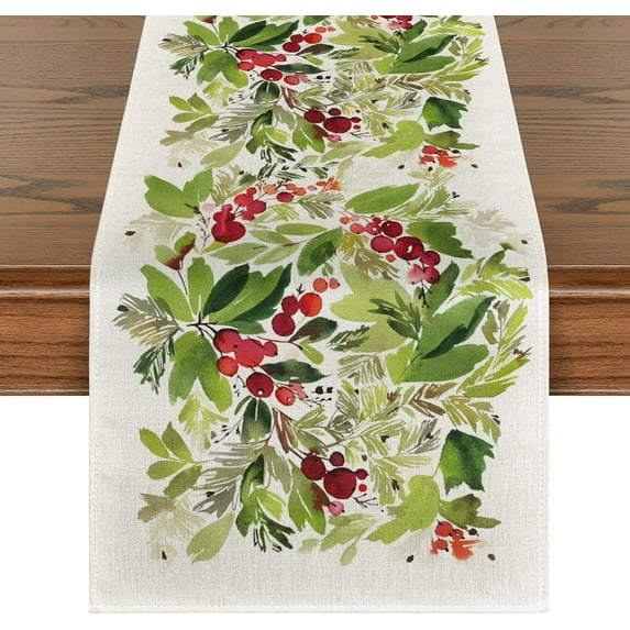 Watercolor Holly Christmas Table Runner, Seasonal Winter Xmas Holiday Kitchen Dining Table Decoration for Indoor Outdoor Home Party Decor 13 x 108 Inch