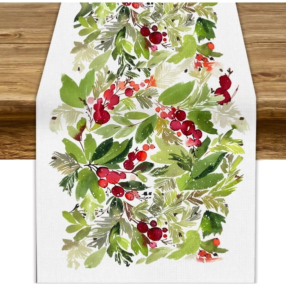 Watercolor Holly Christmas Table Runner, Winter Xmas Seasonal Holiday Dinner Table Decoration for Home Living Room Kitchen Dining Room 13x108in
