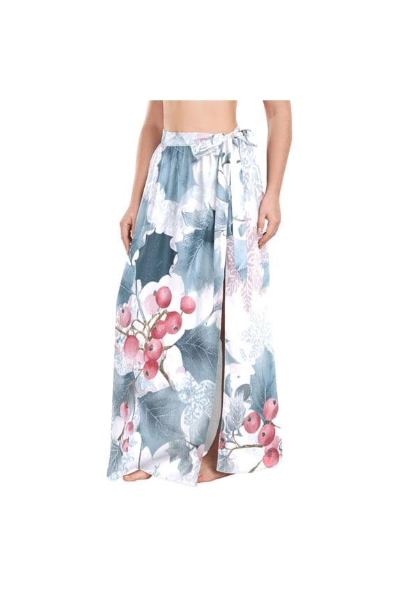 Watercolor Holly Leaves Christmas Colorful Snow Women's Swimwear Cover Ups Strappy Beach Dress Sarong Wrap M