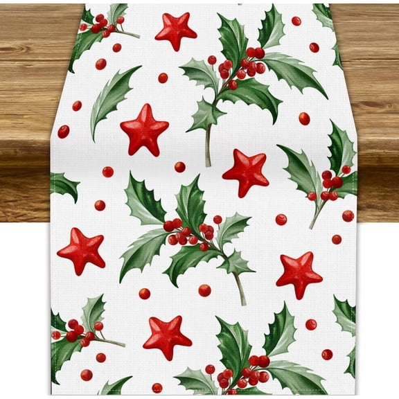 Watercolor Holly Leaves Stars Christmas Table Runner,Winter Pine Branches Holiday Decoration for Kitchen, Dining Table, and Home Party Decor 13x36in