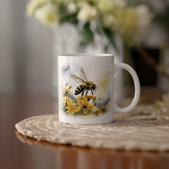Watercolor Honeybee and Flowers Nature Scenery Mug, Beekeeper Coffee Cup, Watercolor Bee Ceramic Mug, Cute Bee Tea Cup, Honeybee Lover Gift.