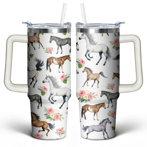 Watercolor Horse Flowers 30 Oz Tumbler with Handle Lid and Straw, Stainless Steel Double Walled Vacuum Insulated Cup, Cute Birthday Gifts Tumbler for Women Men Friends
