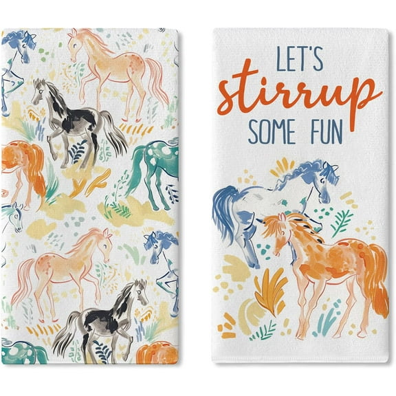 Watercolor Horse Kitchen Dish Towels Set of 2, Colorful Let's Stirrup Some Fun Drying Hand Towel Baking Cooking Cloth, Farmhouse Equestrian Bathroom Home Decoration Horse Lover Gifts 18''x26''