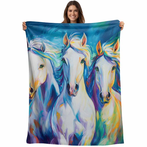 Watercolor Horse Pattern Throw Blankets, White Blue Turquoise Green Soft Fleece Blanket Decorative for Home Sofa Couch Chair Living Bedroom, 50x60 inches,