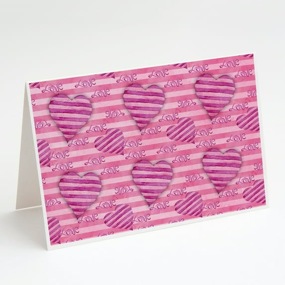 Watercolor Hot Pink Striped Hearts Greeting Cards and Envelopes Pack of 8