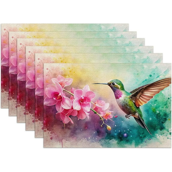 Watercolor Humming Bird Placemats Set of 6,12x18 Inch Pink Flower Linen Place Mat Washable Stain Resistant Table Mats for Spring Summer Seasonal Farmhouse Kitchen Party Home Decor