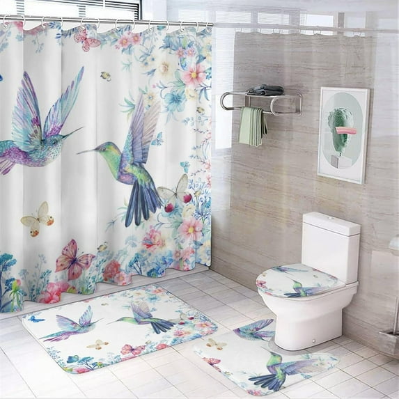 Watercolor Hummingbird 4 Pcs Waterproof Shower Curtain Set,Rustic Art Lily Hummingbird with Waterproof Toilet Cover Shower Mat Rugs
