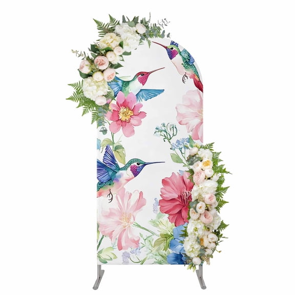 Watercolor Hummingbird Arch Backdrop Cover 4FT, Colorful Pink Blue Flowers Spandex Fitted Stretchy Arch Stand Covers, Round Top Chiara Backdrop Cover for Wedding Party Birthday Baby Shower