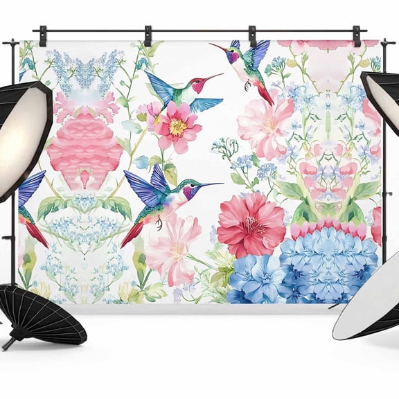 Watercolor Hummingbird Backdrop for Photoshoot,Photography Photo Studio Background Wall Backdrop,Colorful Pink Blue Flowers Back Drop Banner Panel for Portraits Wedding Party Live Streaming 7x5Ft