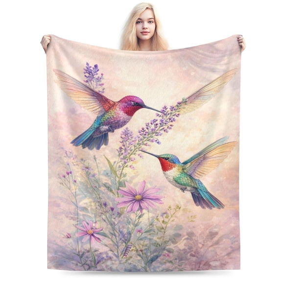 Watercolor Hummingbird Blanket, Pastel Floral Garden Bird Design, Spring Home Decor, Soft Cozy Bed and Sofa Cover for Adults, Mother’s Day Gift 50x40