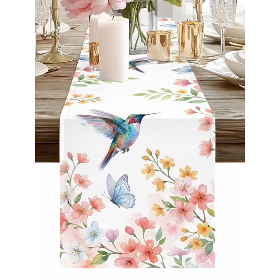 Watercolor Hummingbird Butterflies Table Runner-36 Inch Long Colorful Floral Pattern Table Runners Linen Burlap Tablerunner for Kitchen Dining Room Holiday Party