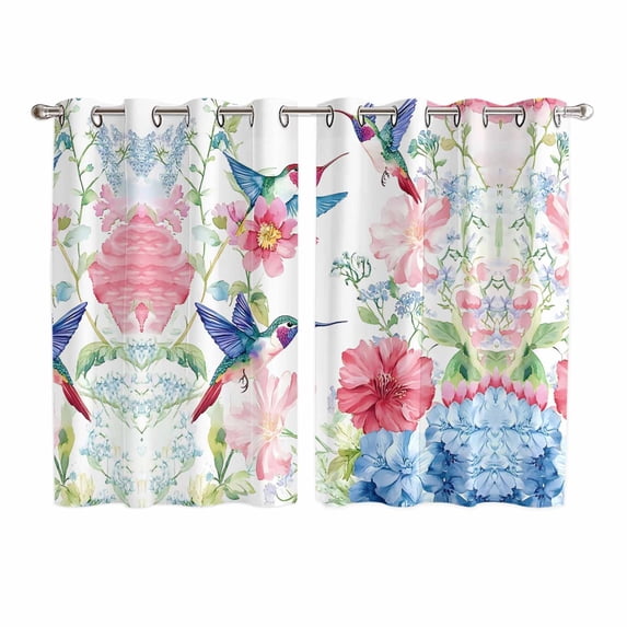 Watercolor Hummingbird Kitchen Curtains 72 Inch Length, Colorful Pink Blue Flowers Grommet Top Bedroom Living Room Curtains, Light Filtering Cafe Curtain Drapes 2 Panels Set 104''x72''
