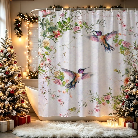 Watercolor Hummingbird Pink Floral Vine Print Shower Curtain (70.8x70.8inch), Hummingbird Crawling Pink Floral Vine Vivid Aesthetic Bathroom Curtain