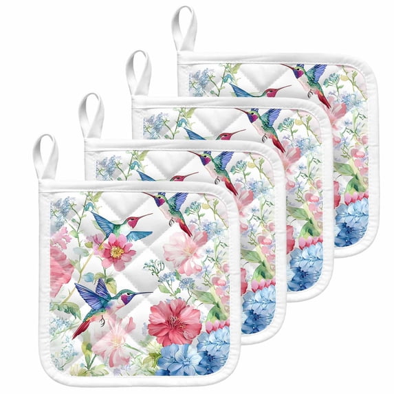 Watercolor Hummingbird Pot Holders for Kitchen Heatproof Potholder, 4 Pack Colorful Pink Blue Flowers Hot Pads Multipurpose Oven Pads Cloth Potholders Trivet for Cooking and Baking
