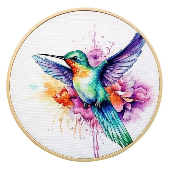 Watercolor Hummingbird Round Shape Stamped Cross Stitch Kits for Beginners Easy with Hoop 11CT Needlepoint Embroidery DIY Counted Cross Stitch Kits Art Craft Wall Decor 35x35cm(1)