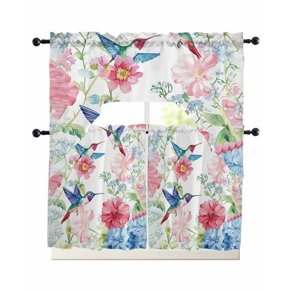 Watercolor Hummingbird Swag Kitchen Curtains Sets for Windows 24 Inch Length, Colorful Pink Blue Flowers Short Window Curtain Panels Swags Valances and Tiers 3 Piece Set for Cafe/Dining Room