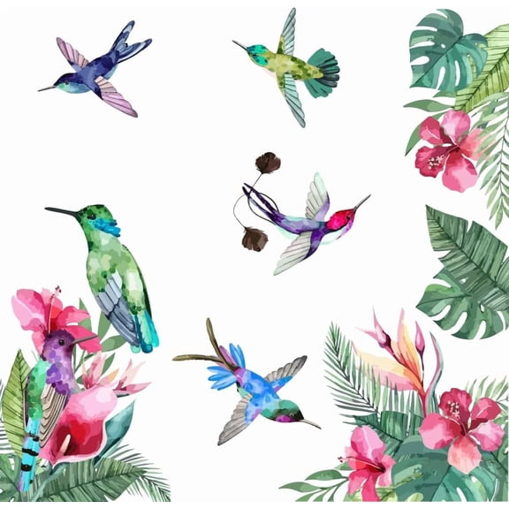 Watercolor Hummingbird Wall Decals Plants Flower Wall Sticker Large Size Livingroom Home Decor Tropical Plant Stickers Colorful Vinyl Art Wall Mural Home Decoration Wall Papers diy