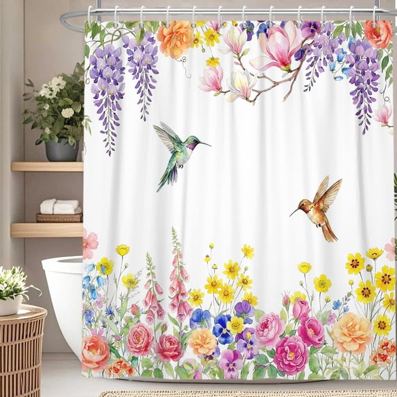 Watercolor Hummingbird Wildflower Waterproof Shower Curtain For Bathroom,72x78 Inch