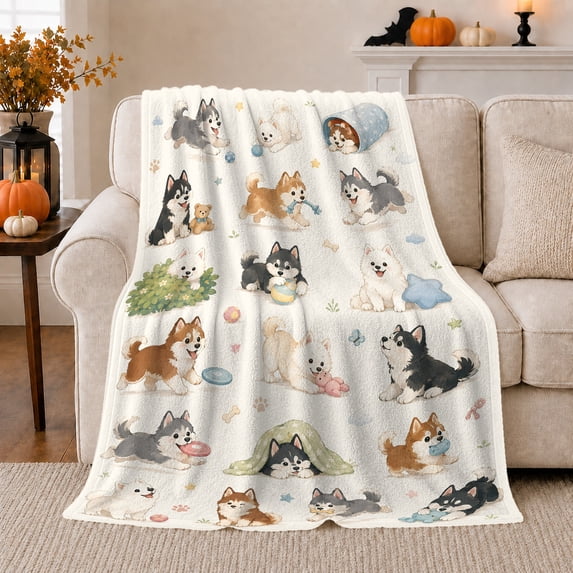 Watercolor Husky Dog Autumn Scene, Playful Pet Portrait Pattern, Warm Flannel Blanket for Living Room and Bedroom, Dog Lovers Halloween Gift, Pet Lover Home Decor