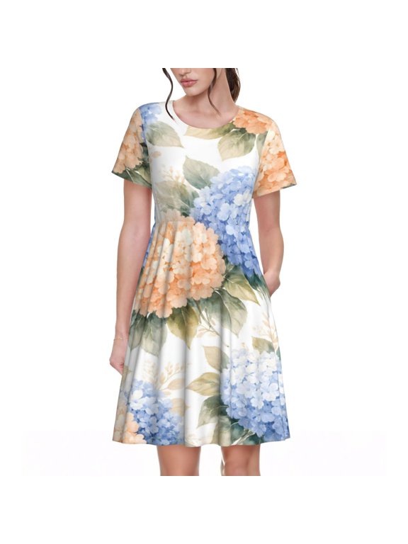 Watercolor Hydrangea Dresses Short Sleeve Nightdresses for Women