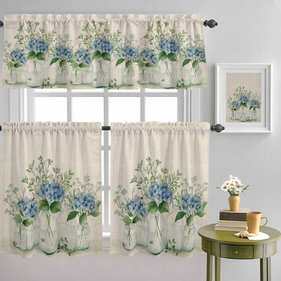 Watercolor Hydrangea Flower Bottle Curtain Tier and Valance Set 3 Piece, Green Leaves on Burlap 3-inch Rod Pocket Window Tier Curtains Valance for Kitchen Living Room