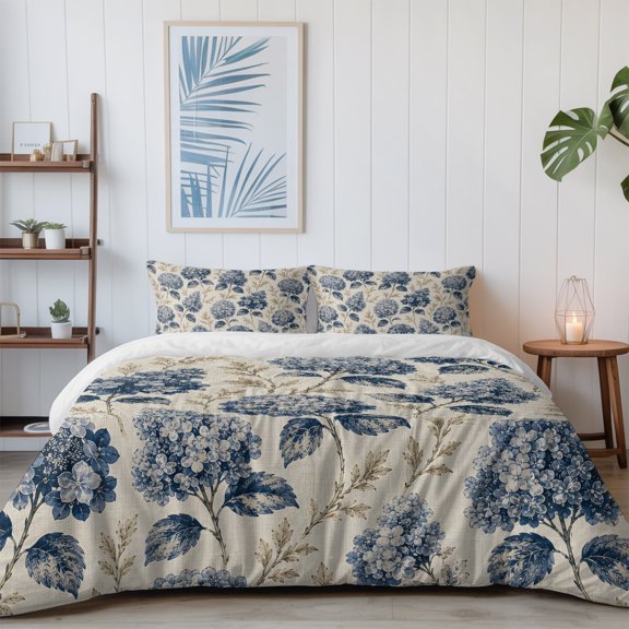 Watercolor Hydrangea Flower California King Size Bed Set,Vintage Floral Leaves Beige Bedding for All Seasons,4 Pcs Bed Set with 1 Quiltcover (96"x104"),1 Sheet (110"x98"),2 Pillowcases (20"x36")