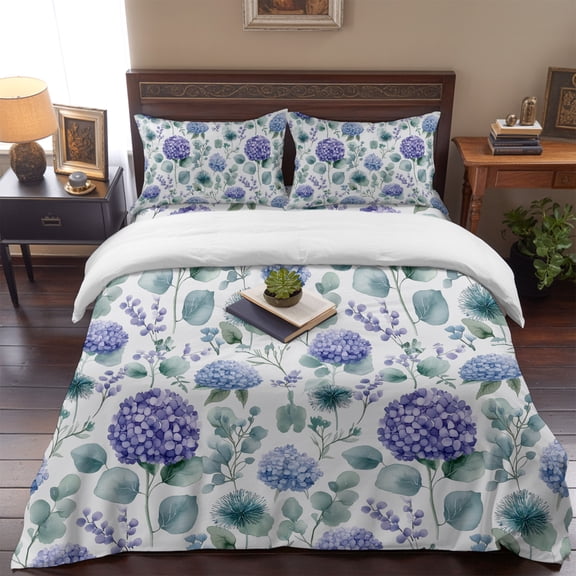 Watercolor Hydrangea Flower Queen Size Bed Set,Eucalyptus Leaves Plant Bedding for All Seasons,4 Pcs Bed Set,1 Quiltcover (90"x90"),1 Sheet (90"x102"),2 Pillowcases (20"x30")