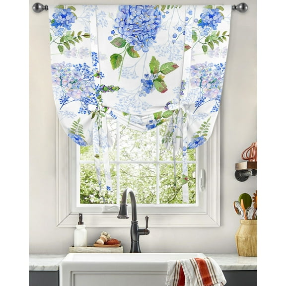 Watercolor Hydrangea Leaves Window Curtains Tie Up Curtains for Kitchen Living Room Adjustable Rod Pocket Drapes