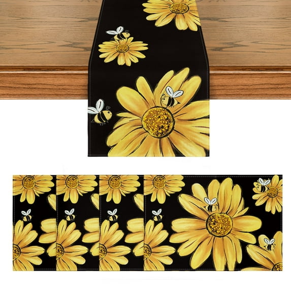 Watercolor Hydrangea Sunflower Place Mats 12 x 18 Inch 4 pcs and Table Runner 13 x 72 Inch, Summer Fall Seasonal Kitchen Dining Table Decoration for Indoor Outdoor Home Party Decor