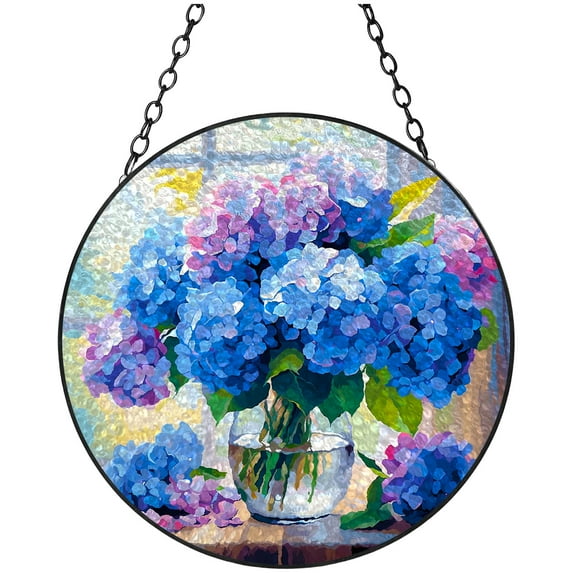 Watercolor Hydrangeas in Glass Stained Glass Suncatcher Handmade Window Hanging Colored Glass Suncatcher Crafts Kits for Indoor Garden Decor Memorial Gift 16x16cm(1)