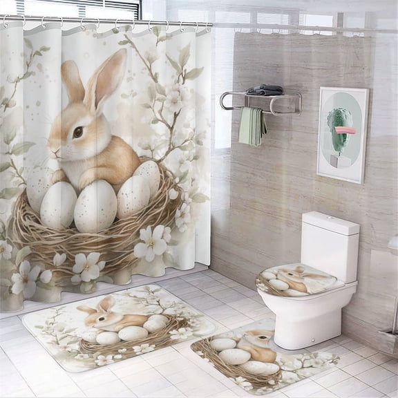 Watercolor Illustration Easter Bunny Shower Curtain 4 Piece Sets Rug Toilet Lid Cover And Non-Slip U Shape Mat Spring Easter Waterproof Personality Pattern Bath Curtains for Bathroom Decor Sets