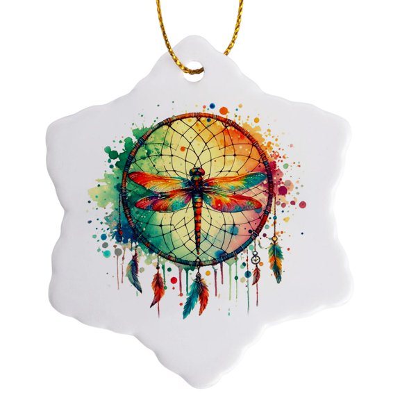 3drose, Watercolor Illustration of a Dragonfly Dreamcatcher, 3 inch Snowflake Porcelain Ornament