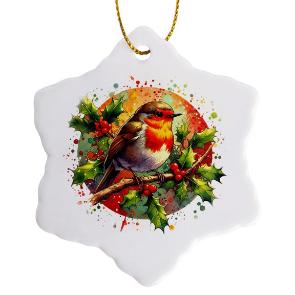 3drose, Watercolor Illustration of a Robin on a Holly Branch, 3 inch Snowflake Porcelain Ornament
