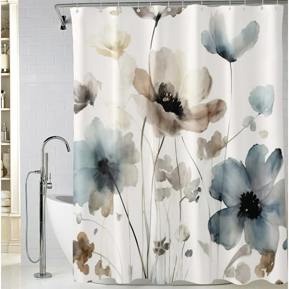 Watercolor Ink Floral Shower Curtain, Tan and Dark Blue Wildflower Bathroom Shower Curtain, Fabric Waterproof Shower Curtain with 12 Hooks, 72 x 72 Inch