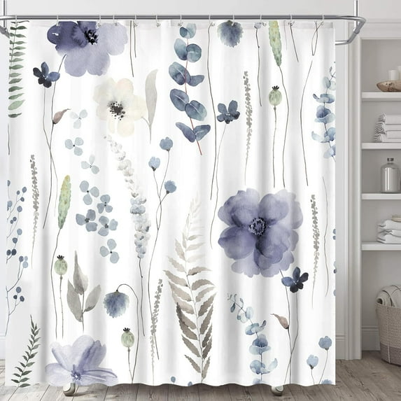 Watercolor Ink Floral Shower Curtain, Tan and Dark Blue Wildflower Bathroom Shower Curtain, Fabric Waterproof Shower Curtain with 12 Hooks, 72 x 72 Inch